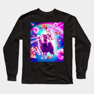 Laser Eyes Space Cat Riding Pug, Llama  - Rainbow Long Sleeve T-Shirt